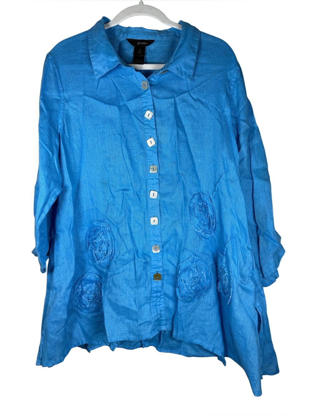 Ali Miles Linen Soutache Rosette Tunic Top Mother Of Pearl Buttons Lagenlook XL